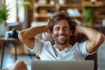 Cheerful man with curly hair smiling and relaxing in a cozy indoor setting, hands resting behind his head