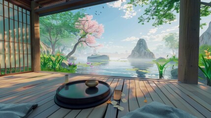 Wall Mural - A virtual reality meditation space with serene landscapes and calming soundtracks