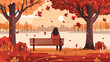 Woman in autumn sitting on a bench in park with lands
