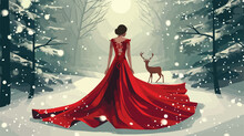 Woman In Red Evening Gown On Wintery Background 