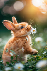 Wall Mural - A tiny rabbit perched in a meadow filled with vibrant daisies