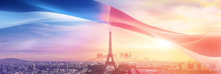 French flag with Eiffel Tower on abstract panoramic background