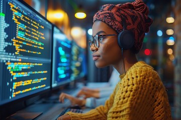 a focused female developer with bright red braids programs with headphones in a dynamic tech environ