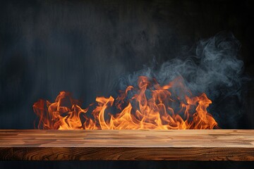 Poster - empty Wood table product display with flame effect on dark background