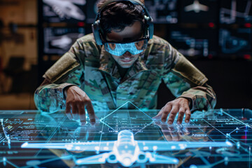 A Latino military intelligence expert uses a holographic augmented reality table with a blueprint of a drone for futuristic warfare strategy. 