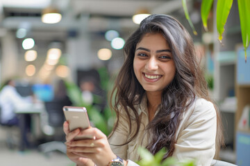 Wall Mural - An Indian businesswoman happily using her smartphone in a modern, innovative office atmosphere.