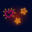 Fashion symbols, heart, stars neon sign. Night bright signboard, Glowing light. Summer logo, emblem for Club or bar concept