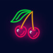 Fashion neon. Cherry sign. Night bright signboard, Glowing light berry. Summer logo, emblem for Club or bar concept
