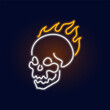 Fashion Fire Skull neon sign. Night bright signboard, Glowing light. Summer logo, emblem for Club or bar concept