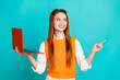 Photo of adorable pretty woman wear stylish orange clothes recommend modern device shop empty space isolated on cyan color background