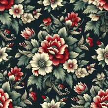  A Dark, Floral Pattern With Red, Cream, And Green Flowers And Leaves On A Black Background In A Repeat Pattern.