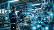 © inthasone - Two Industrial Engineers Use a Tablet Computer to Visualize the Wall of Big Data Statistics and optimization of High-Tech Electronics Facility. Industry 4.0 Machinery Production.