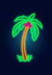 Fashion tropical neon sign. Night bright signboard, Glowing light leaf. Summer logo, emblem for Club or bar concept, palm tree