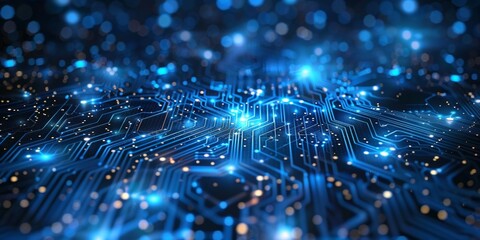 A computer chip with a blue background and a lot of lights