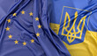 Ruffled Flags of European Union and Ukraine. 3D Rendering