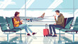 Young couple expect for departure in airport hall
