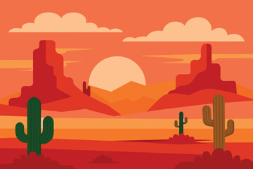 Wall Mural - Day in Vast Western American Desert with Cactus Horizon Landscape Illustration design