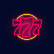 Fashion jackpot, numbers 777, neon sign. Night bright signboard, Glowing light. Summer logo, emblem for Club or bar concept