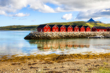 Wall Mural - Fishermen's Cabins at Skreda by Offersoystraumen in Lofoten, Nordland, Norway