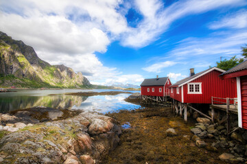 Wall Mural - Fishermen's Cabins in Svolvaer, the Biggest Village in Lofoten, Norway