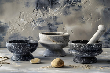 Sticker - Three stone bowls, a mortar and pestle set