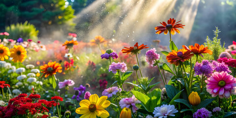 Wall Mural - A garden of different colorful flowers in dew drops and mists, presenting a charming scene