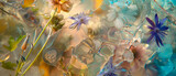 Fototapeta  - Frozen wildflowers background, the delicate multifaceted texture of colorful floral in ice through which light passes, generative AI wonder fashion pattern 