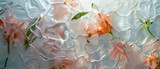 Fototapeta  - Delicate frozen flower background, translucent floral  in shades of soft pink, peach against petal-like ice forms in muted tones, generative AI texture
