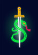 Fashion snake and sword, neon sign. Night bright signboard, Glowing light. Summer logo, emblem for Club or bar concept
