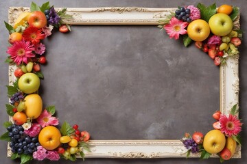 Wall Mural - Wooden frame with fruits on a pastel background. Greeting card template for wedding, mothers or woman day. Springtime composition with copy space.