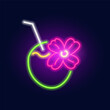 Fashion cocktail in coconut, neon sign. Night bright signboard, Glowing light. Summer logo, emblem for Club or bar concept