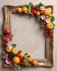 Wall Mural - Wooden frame with fruits on a pastel background. Greeting card template for wedding, mothers or woman day. Springtime composition with copy space.