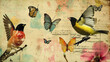 background with butterflies and birds , vintage style