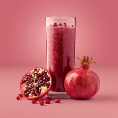 Poster - pomegranate smoothie , cut pomegranate around the juice glass high resolution photography