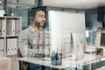 Poster - Man, agent and headset with computer, microphone and callcenter or customer care in office with pride. Male person, virtual assistant and tech in telecom for company or business in workplace or job