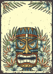 Poster - Retro illustration featuring a colorful polynesian tiki mask surrounded by tropical leaves and flowers, surf culture and beach vibes suitable for posters and decorations. Text space