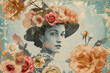 portrait of a woman in a floral hat on a blue background , vintage style