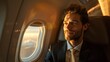 © Mechastock - Portrait of a business man traveler sitting in a window seat of an airplane in first class
