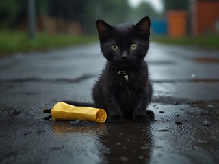 Wall Mural - A heart-wrenching and powerful image of a wet black kitten amid a trash-strewn road, its sorrowful expression capturing the plight of the vulnerable and neglected, with an unexpected encounter offerin