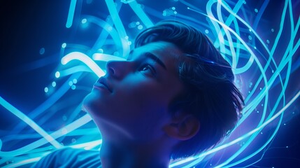 Portrait of a young man looking up at glowing blue light trails.