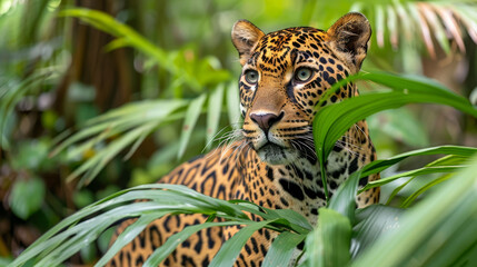 Sticker -   A tight shot of a cheetah in a forest, surrounded by trees and plants Background subtly blurred with leaves