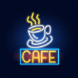 Fashion inscription Cafe and Cup of Coffee neon sign. Night bright signboard, Glowing light. Summer logo, emblem for Club or bar concept