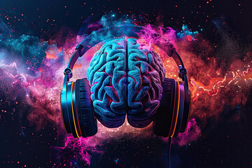Wall Mural - the human brain in huge headphones against the backdrop of the universe. generated by artificial int