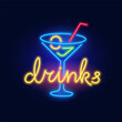 Fashion cocktail, alcoholic drink neon sign. Night bright signboard, Glowing light. Summer logo, emblem for Club or bar concept