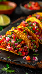 Wall Mural - Group of tacos with beaf, lettuce, tomatoes and home made salsa on board close up. Mexican food. Cinco de Mayo festival