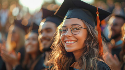 Wall Mural - A radiant young woman in a graduation cap smiles brightly, surrounded by fellow graduates in a moment of triumph and joy
