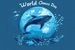 A monochromatic illustration in shades of blue, featuring a whale encircling a globe for World Oceans Day.