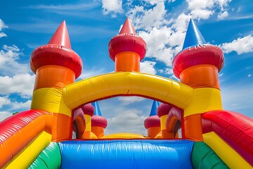 A simple but cute colorful castle bounce house. The inflated bounce house with pops of color sits at the park on a beautiful sunny day.