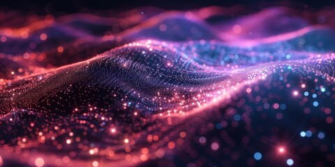 A colorful, abstract image of a mountain range with a purple and pink hue
