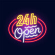 Fashion inscription 24 hours open neon sign. Night bright signboard, Glowing light. Summer logo, emblem for Club or bar concept